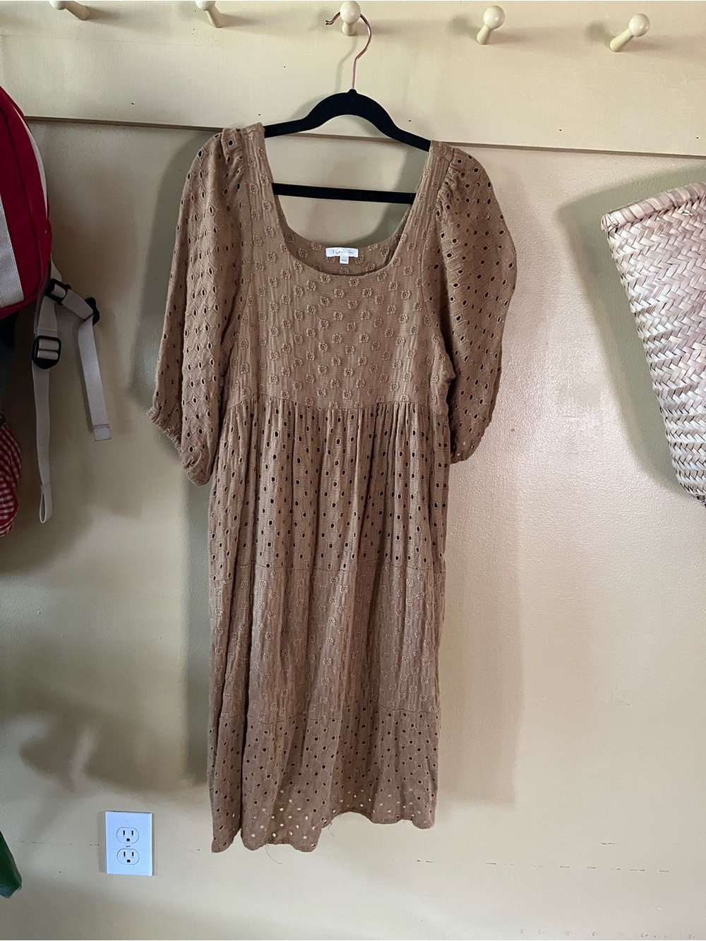 Eyelet Puff-Sleeve Midi Dress in Tan